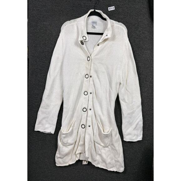 Chico's Sweater Womens Sz 2 US L Ivory Long Cardigan Duster Grommet Button Knit - Picture 1 of 6